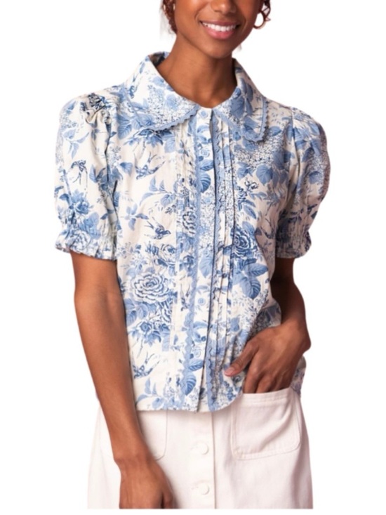 Ivy City Co Tops - Ivy City Co Blue and White Floral Puff-Sleeve Button Front Blouse